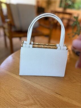 White Top-Handle Mini Bag with Gold Bamboo Accent